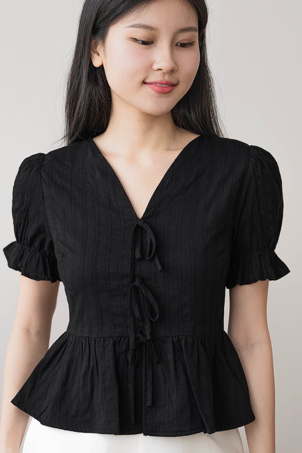 Thea Ribbon Peplum Top (Black)