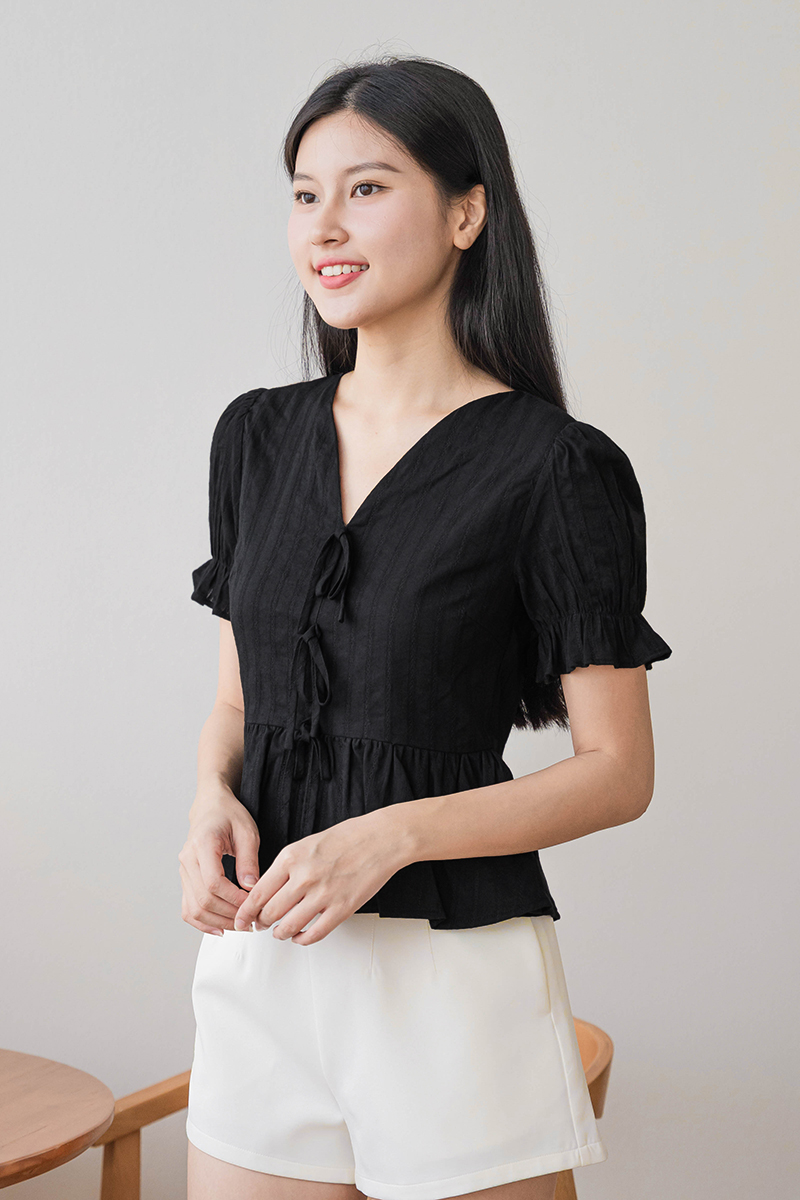 Thea Ribbon Peplum Top (Black) | Dear Lyla