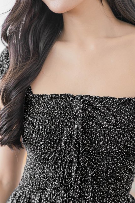 Bella Cap Sleeve Smocked Ribbon Midi Dress (Black Wildflowers)