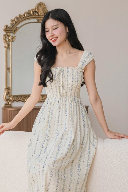 Bella Cap Sleeve Smocked Ribbon Midi Dress (Blue Floral Cottage)