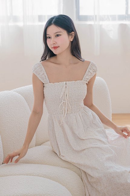 Bella Cap Sleeve Smocked Ribbon Midi Dress (Rosy Blooms)