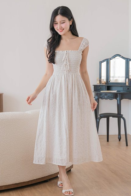 Bella Cap Sleeve Smocked Ribbon Midi Dress (Rosy Blooms)
