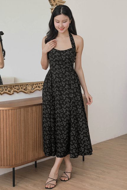 Diana Padded Curved Waist Halter Midi Dress (Black Floral)