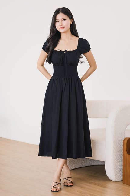 Louise Padded Smocked Waist Linen Dress (Midnight)