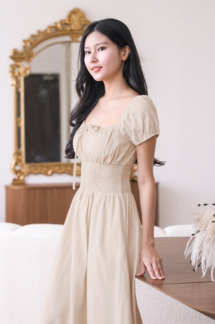 Louise Padded Smocked Waist Linen Dress (Natural)