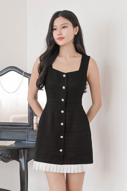Sheena Contrast Pleated Hem Tweed Dress (Black)