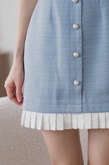 Sheena Contrast Pleated Hem Tweed Dress (Blue)
