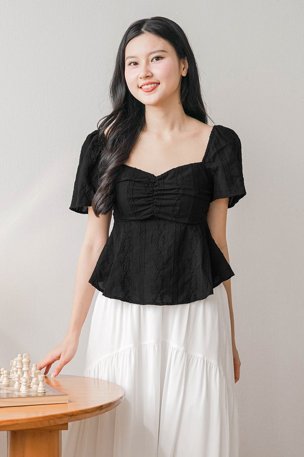 Angie Padded Ruched Peplum Top (Black)