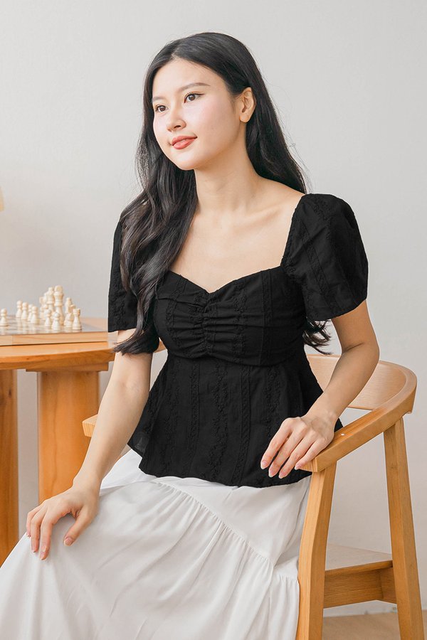 Angie Padded Ruched Peplum Top (Black)