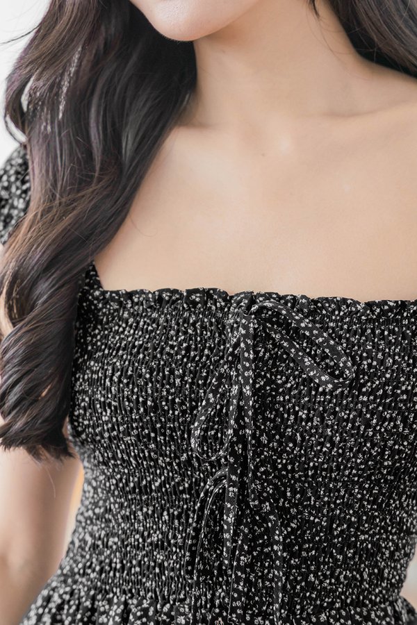 Bella Cap Sleeve Smocked Ribbon Midi Dress (Black Wildflowers)