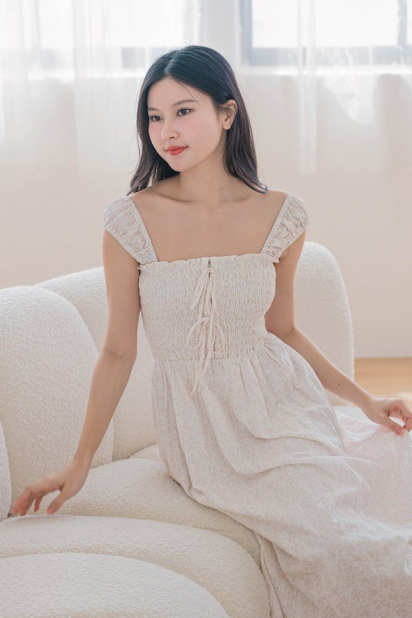 *BACKORDER* *L, XL, XXL INSTOCK* Bella Cap Sleeve Smocked Ribbon Midi Dress (Rosy Blooms)