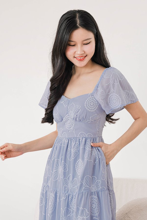 Darlene Padded Flutter Sleeve Embroidery Midi Dress V2 (Lavender)