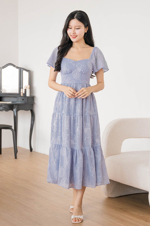 Darlene Padded Flutter Sleeve Embroidery Midi Dress V2 (Lavender)