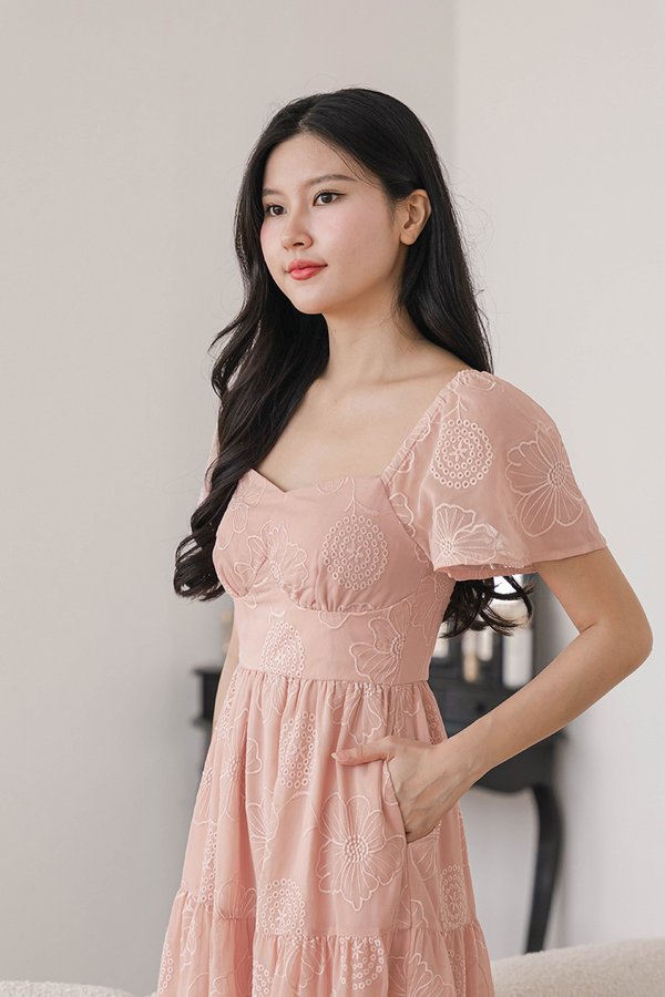 Darlene Padded Flutter Sleeve Embroidery Midi Dress V2 (Petal Pink)