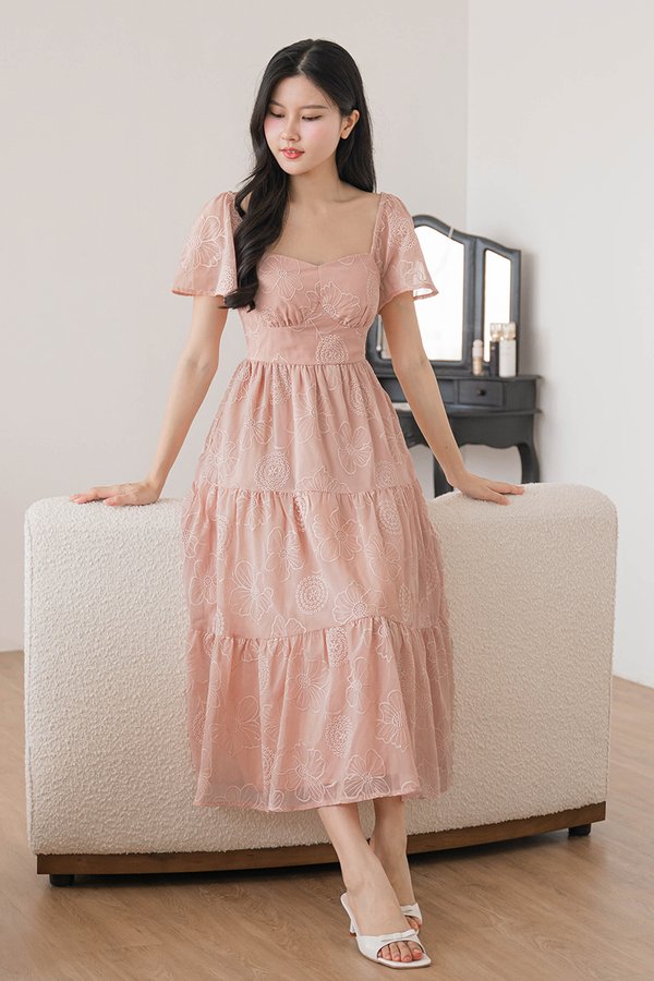 Darlene Padded Flutter Sleeve Embroidery Midi Dress V2 (Petal Pink)
