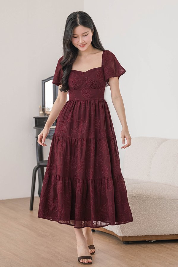 Darlene Padded Flutter Sleeve Embroidery Midi Dress V2 (Wine)