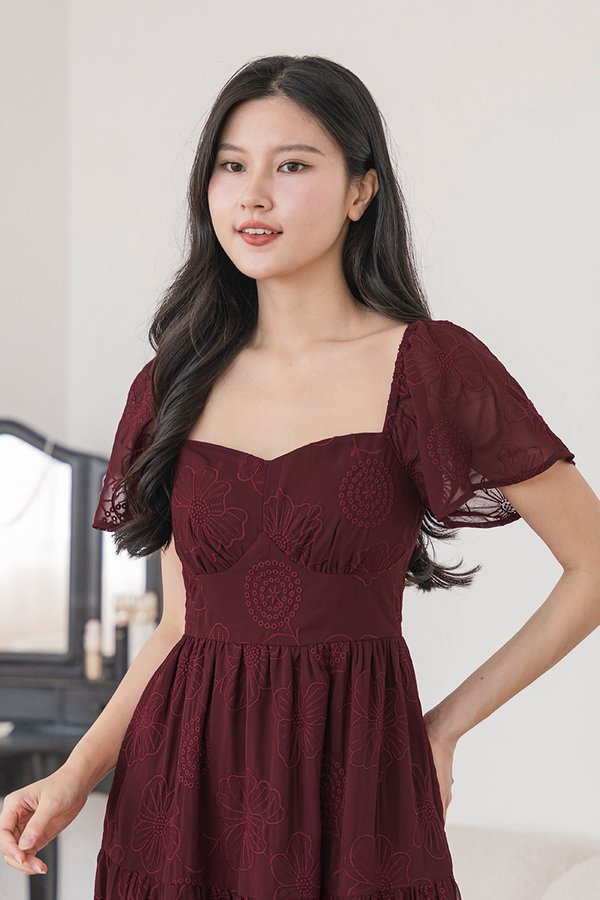 Darlene Padded Flutter Sleeve Embroidery Midi Dress V2 (Wine)