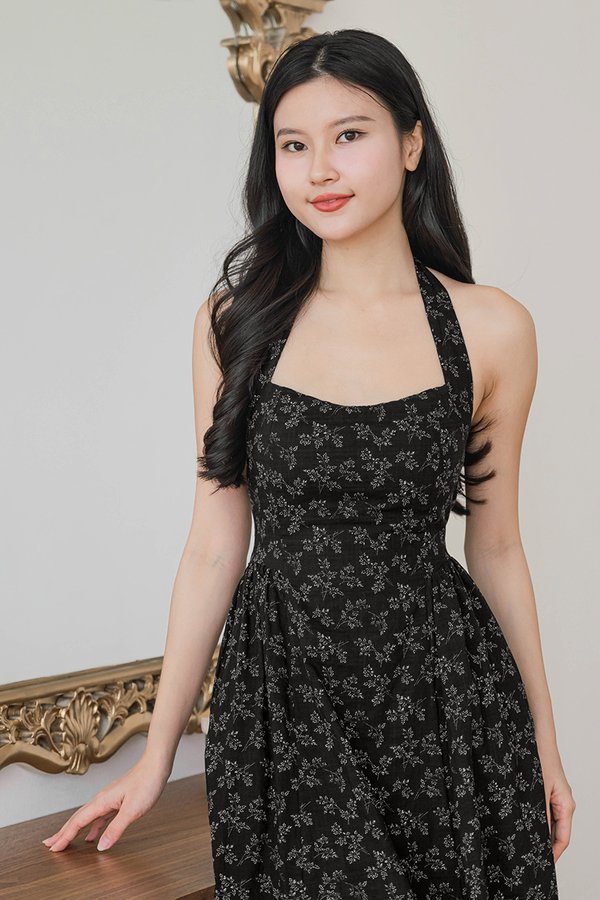 Diana Padded Curved Waist Halter Midi Dress (Black Floral)