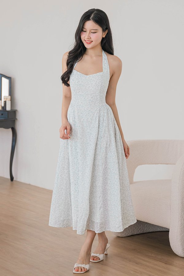 Diana Padded Curved Waist Halter Midi Dress (Bleu Blooms)