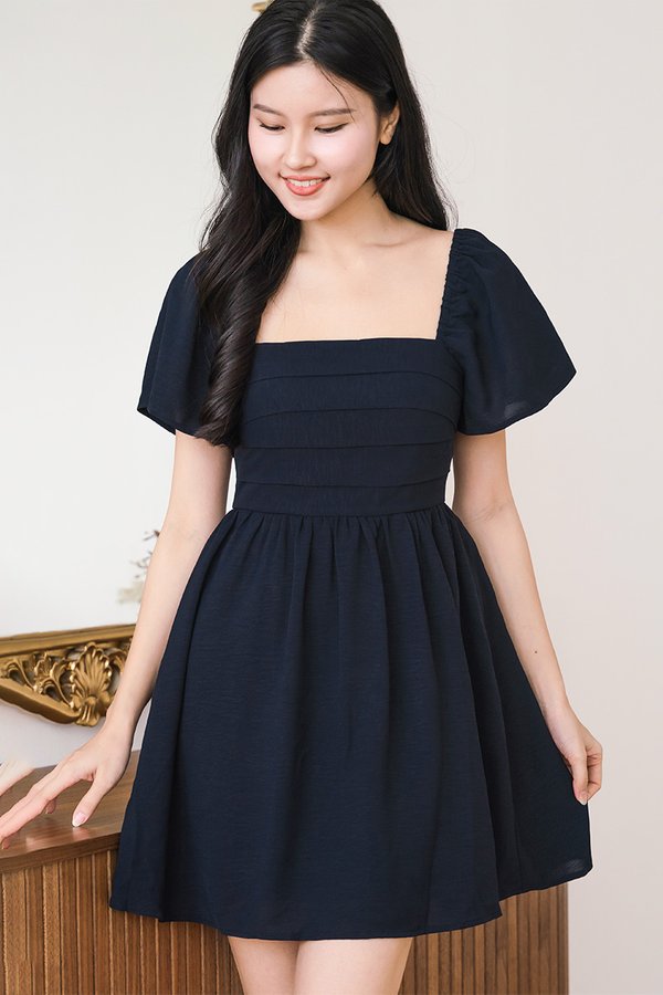 Hera Padded Flutter Sleeve Folds Dress (Midnight)