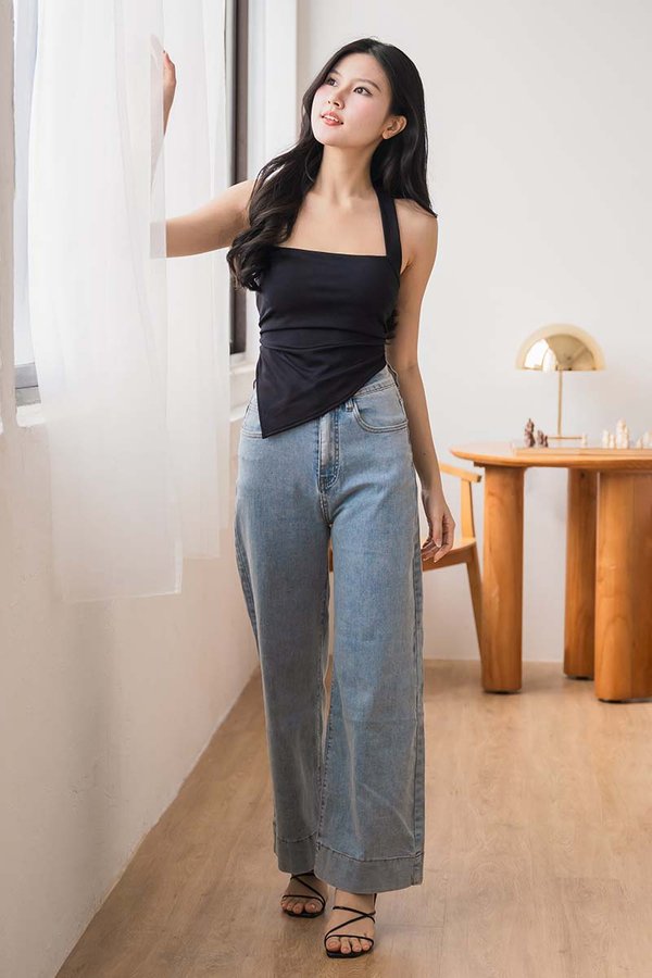 Kimberly Padded Halter Asymmetrical Hem Top (Black)