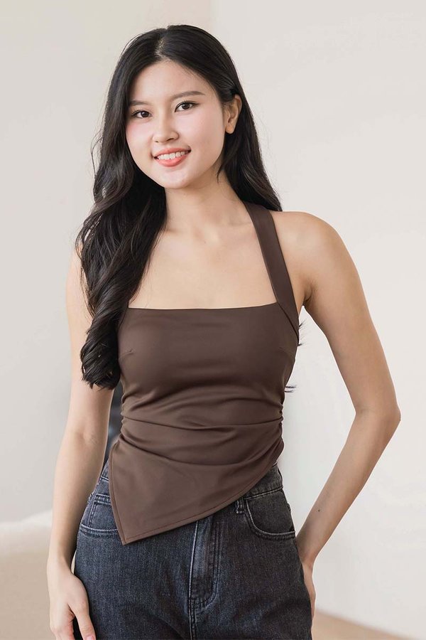 Kimberly Padded Halter Asymmetrical Hem Top (Coffee)