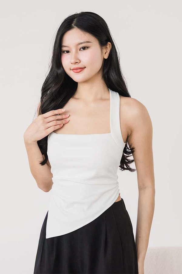 Kimberly Padded Halter Asymmetrical Hem Top (White)