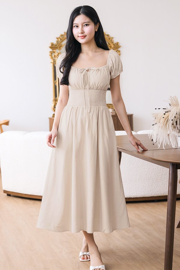 Louise Padded Smocked Waist Linen Dress (Natural)
