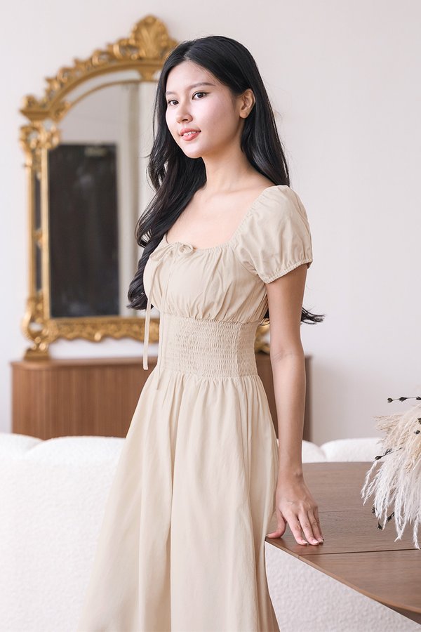 Louise Padded Smocked Waist Linen Dress (Natural)