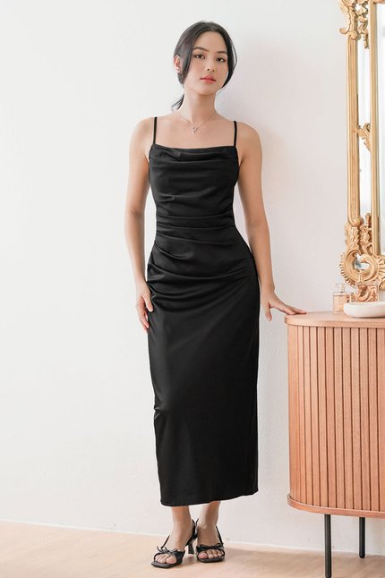 Chantel Padded Cowl Satin Midaxi Dress (Black)