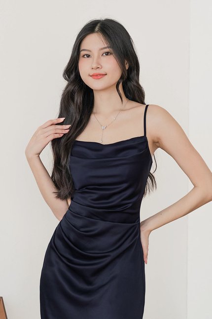 *RESTOCKED* Chantel Padded Cowl Satin Midaxi Dress (Midnight)