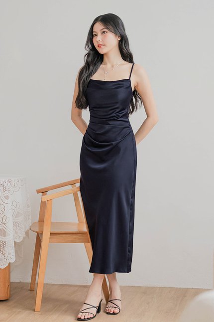 *RESTOCKED* Chantel Padded Cowl Satin Midaxi Dress (Midnight)