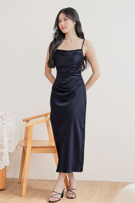 *RESTOCKED* Chantel Padded Cowl Satin Midaxi Dress (Midnight)