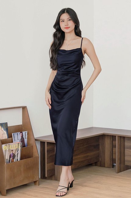 *RESTOCKED* Chantel Padded Cowl Satin Midaxi Dress (Midnight)