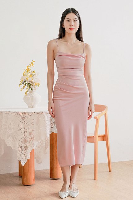 Chantel Padded Cowl Satin Midaxi Dress (Pink)