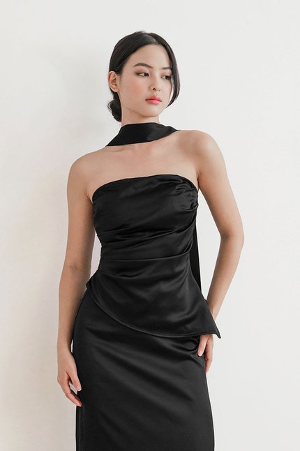 *PREORDER - ETA 24 NOV* Clarissa Padded Ruched Satin Tube Top (Black)