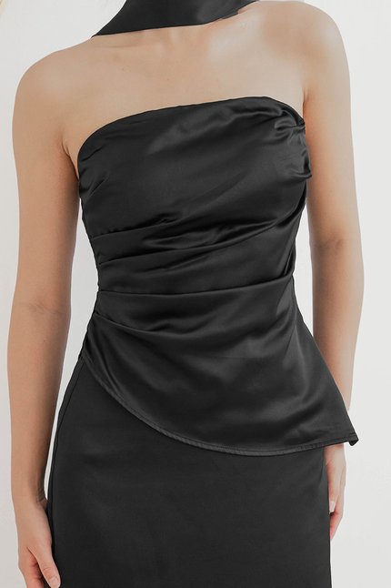 *PREORDER - ETA 24 NOV* Clarissa Padded Ruched Satin Tube Top (Black)