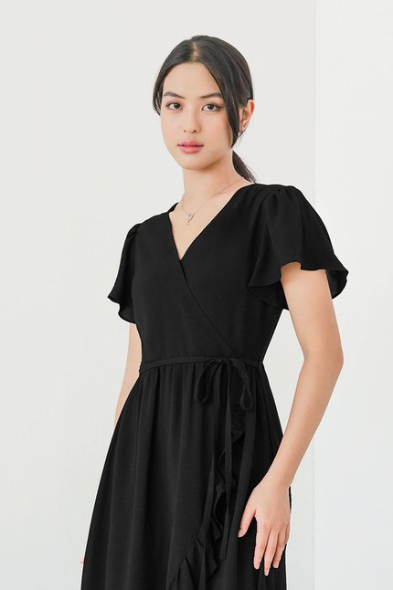 *PREORDER - ETA 24 NOV* Claudia Flutter Sleeve Wrap Midi Dress (Black)