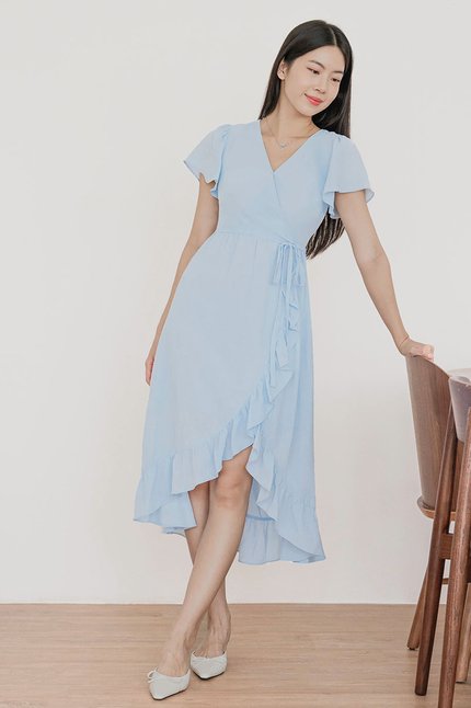 *PREORDER - ETA 24 NOV* Claudia Flutter Sleeve Wrap Midi Dress (Icy Blue)
