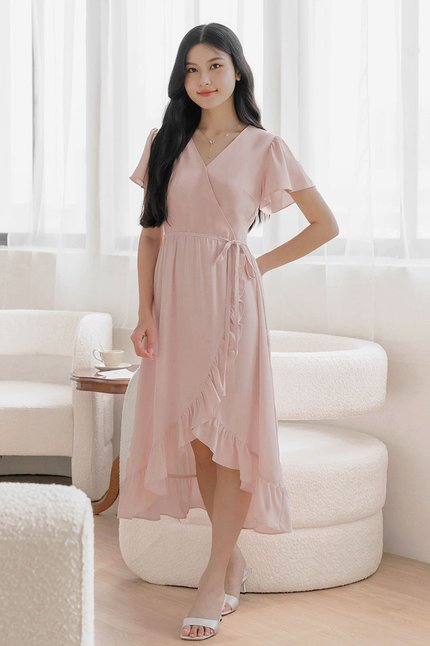 *PREORDER - ETA 24 NOV* Claudia Flutter Sleeve Wrap Midi Dress (Pink)