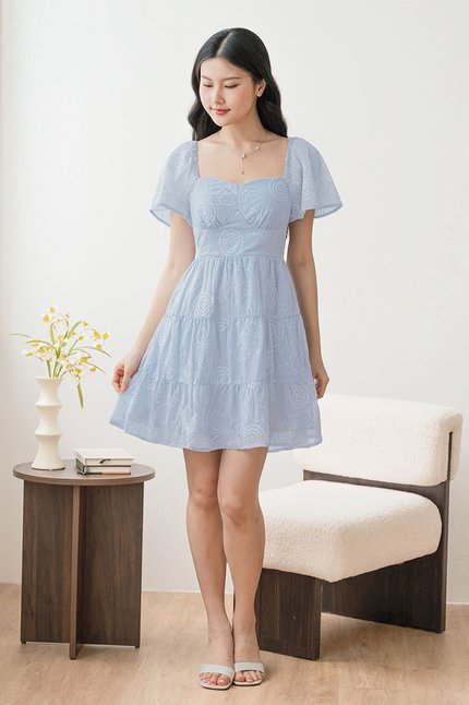 *PREORDER - ETA 24 NOV* Darley Padded Flutter Sleeve Embroidery Dress (Icy Blue)