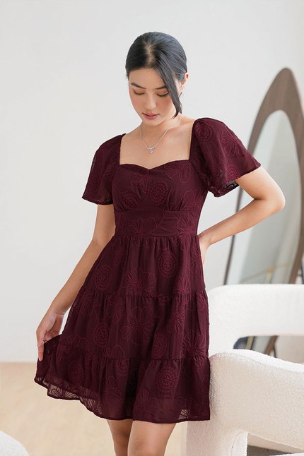 *PREORDER - ETA 24 NOV* Darley Padded Flutter Sleeve Embroidery Dress (Wine)