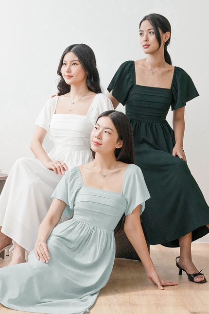 *PREORDER - ETA 24 NOV* Heather Padded Flutter Sleeve Folds Midi Dress (Mint Blue)