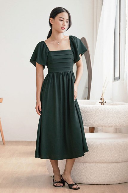 *PREORDER - ETA 24 NOV* Heather Padded Flutter Sleeve Folds Midi Dress (Forest Green)