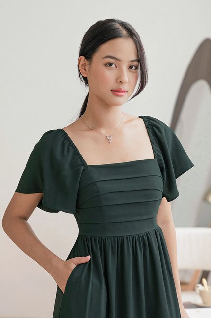 *PREORDER - ETA 24 NOV* Heather Padded Flutter Sleeve Folds Midi Dress (Forest Green)