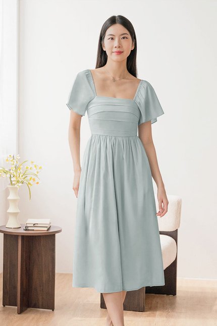 *PREORDER - ETA 24 NOV* Heather Padded Flutter Sleeve Folds Midi Dress (Mint Blue)