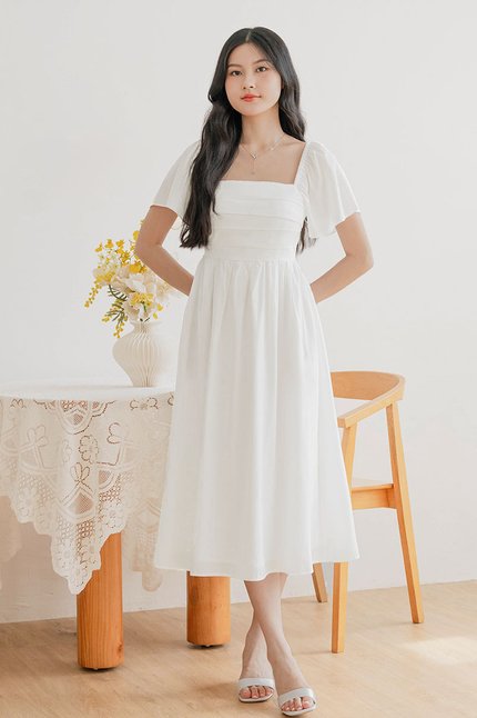 *PREORDER - ETA 24 NOV* Heather Padded Flutter Sleeve Folds Midi Dress (White)