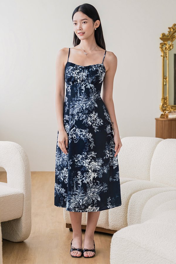 Brianna Padded Sweetheart Tie-Back Midi Dress (Midnight Earthy Bliss)