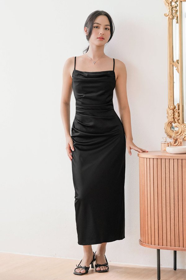 Chantel Padded Cowl Satin Midaxi Dress (Black)