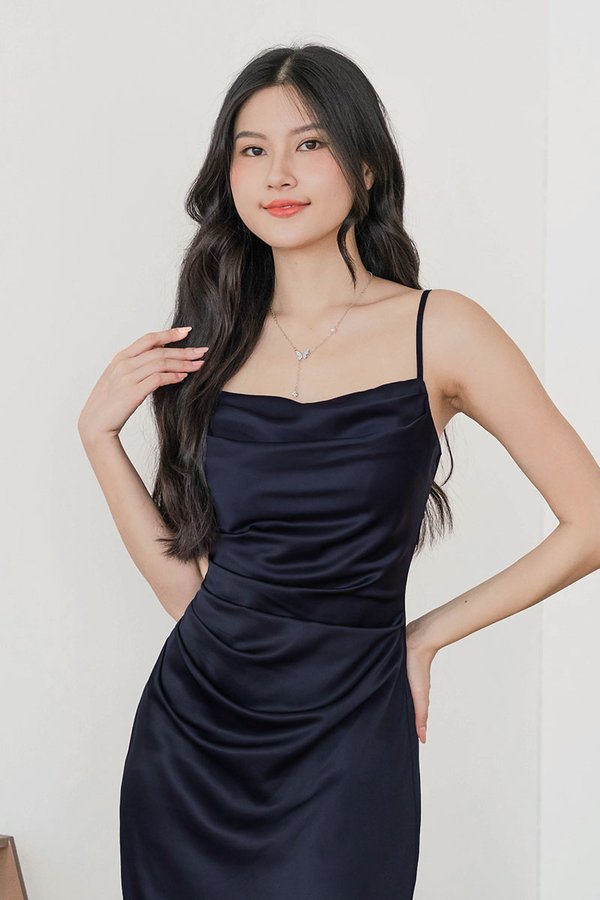*RESTOCKED* Chantel Padded Cowl Satin Midaxi Dress (Midnight)